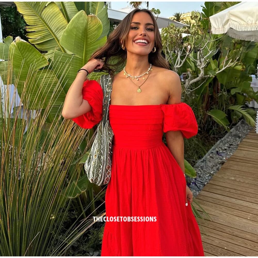 Mango Red Poplin Midi Dress NWT Off Shoulder Puff Sleeve Cotton Size 6 - Picture 8 of 16